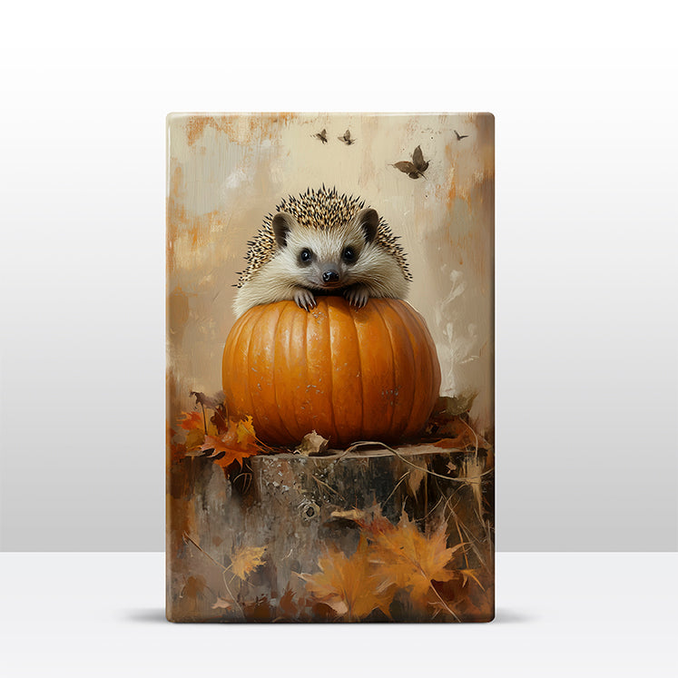 Artchoices exclusive: 107. Cute egeltje op pompoen op houten paneel(tje) klein