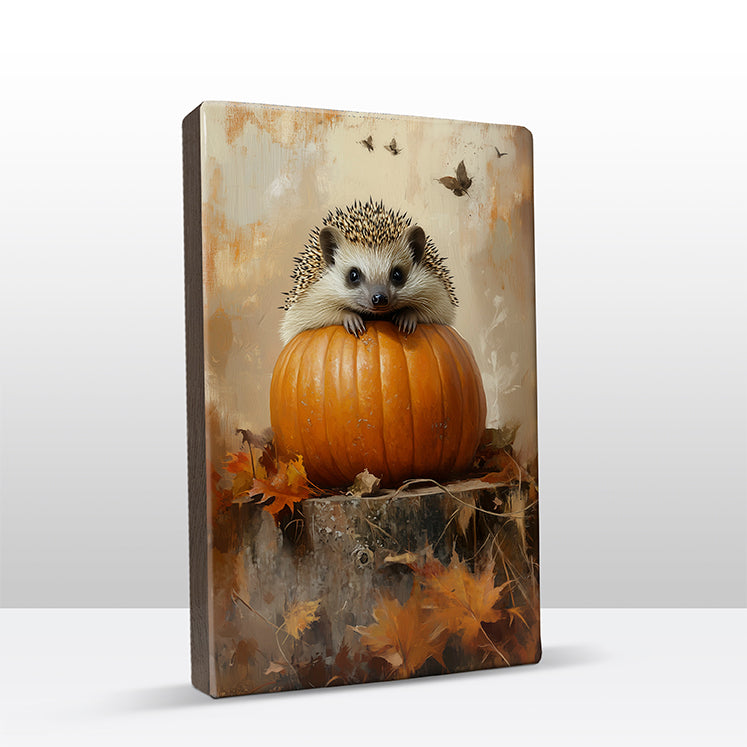 Artchoices exclusive: 107. Cute egeltje op pompoen op houten paneel(tje) klein