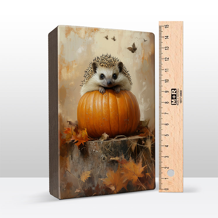Artchoices exclusive: 107. Cute egeltje op pompoen op houten paneel(tje) klein