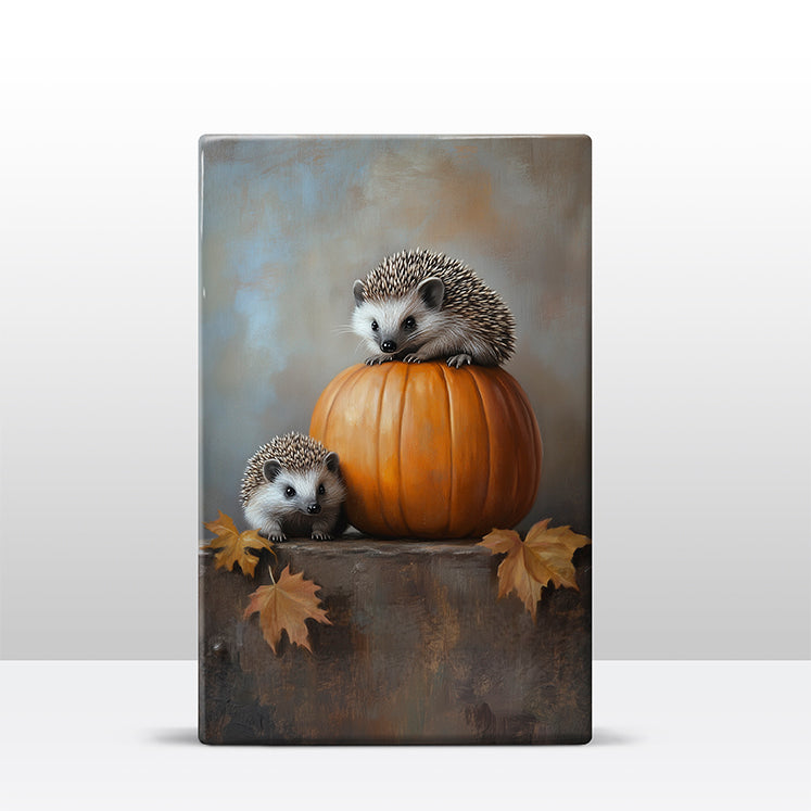 Artchoices exclusive: 119. Baby egeltjes met pompoen op houten paneel(tje) klein