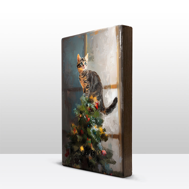 Artchoices exclusive: 151. Kerstboom met kat in de top op houten paneel(tje) klein