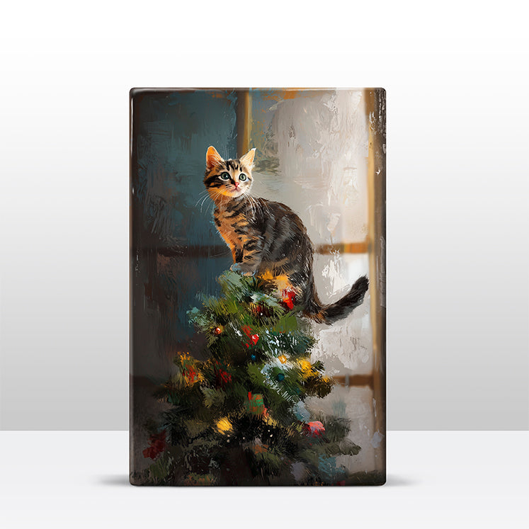 Artchoices exclusive: 151. Kerstboom met kat in de top op houten paneel(tje) klein