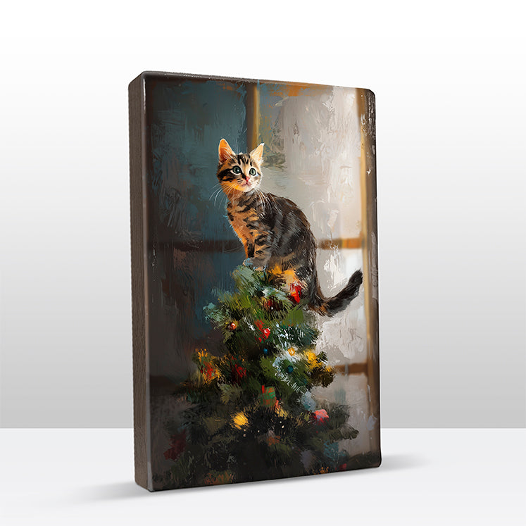 Artchoices exclusive: 151. Kerstboom met kat in de top op houten paneel(tje) klein