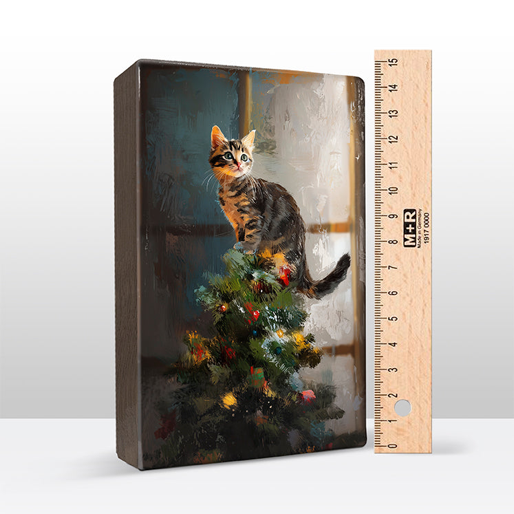 Artchoices exclusive: 151. Kerstboom met kat in de top op houten paneel(tje) klein