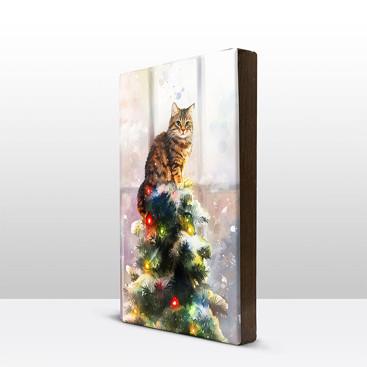 Artchoices exclusive: 152. Kerstboom met kat in de top 2 op houten paneel(tje) klein