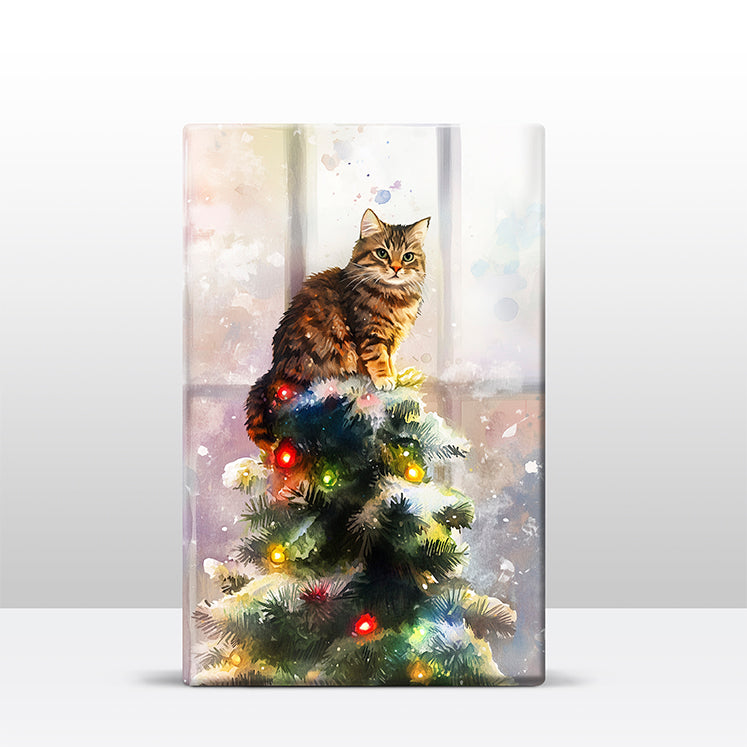 Artchoices exclusive: 152. Kerstboom met kat in de top 2 op houten paneel(tje) klein