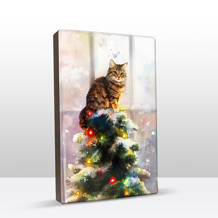 Artchoices exclusive: 152. Kerstboom met kat in de top 2 op houten paneel(tje) klein