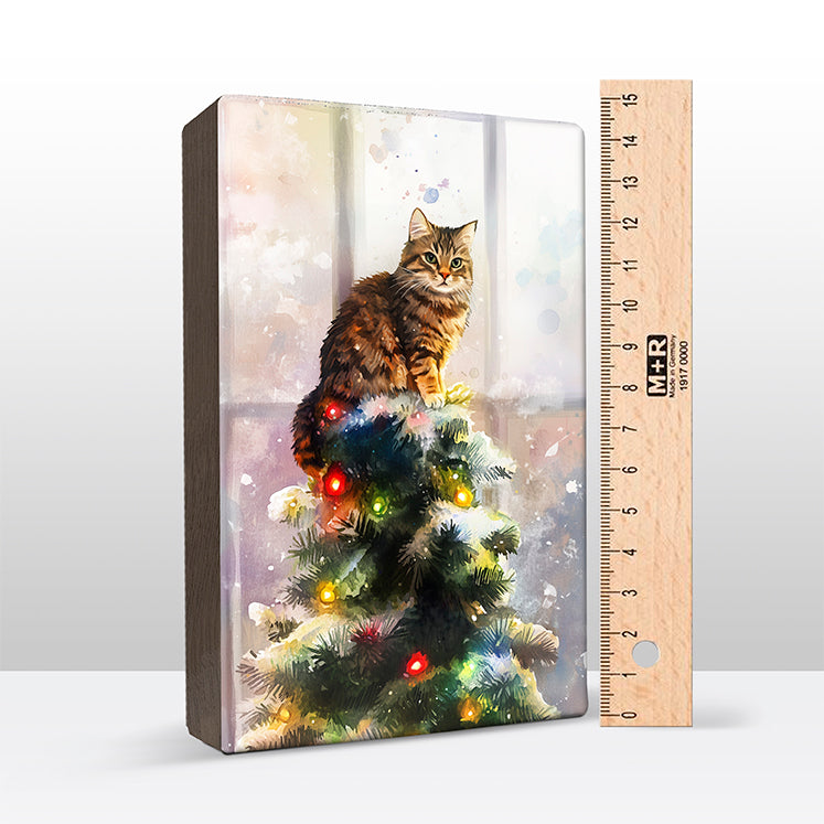 Artchoices exclusive: 152. Kerstboom met kat in de top 2 op houten paneel(tje) klein