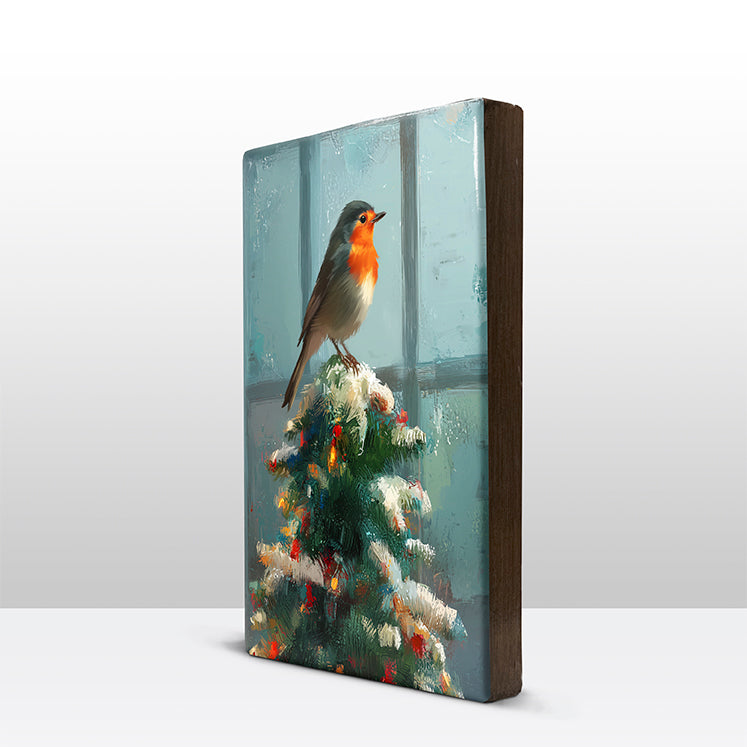 Artchoices exclusive: 155. Kerstboom met roodborstje in de top op houten paneel(tje) klein