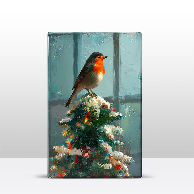 Artchoices exclusive: 155. Kerstboom met roodborstje in de top op houten paneel(tje) klein