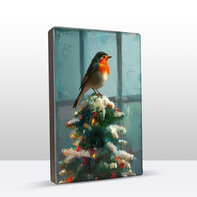Artchoices exclusive: 155. Kerstboom met roodborstje in de top op houten paneel(tje) klein