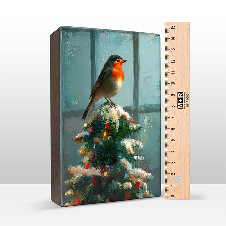 Artchoices exclusive: 155. Kerstboom met roodborstje in de top op houten paneel(tje) klein