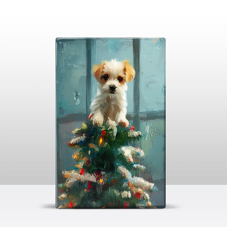 Artchoices exclusive: 156. Kerstboom met hondje in de top op houten paneel(tje) klein