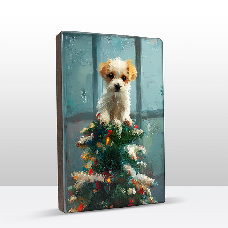 Artchoices exclusive: 156. Kerstboom met hondje in de top op houten paneel(tje) klein