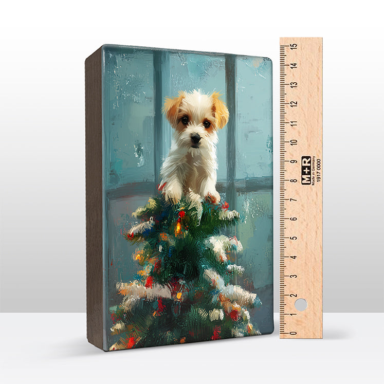 Artchoices exclusive: 156. Kerstboom met hondje in de top op houten paneel(tje) klein