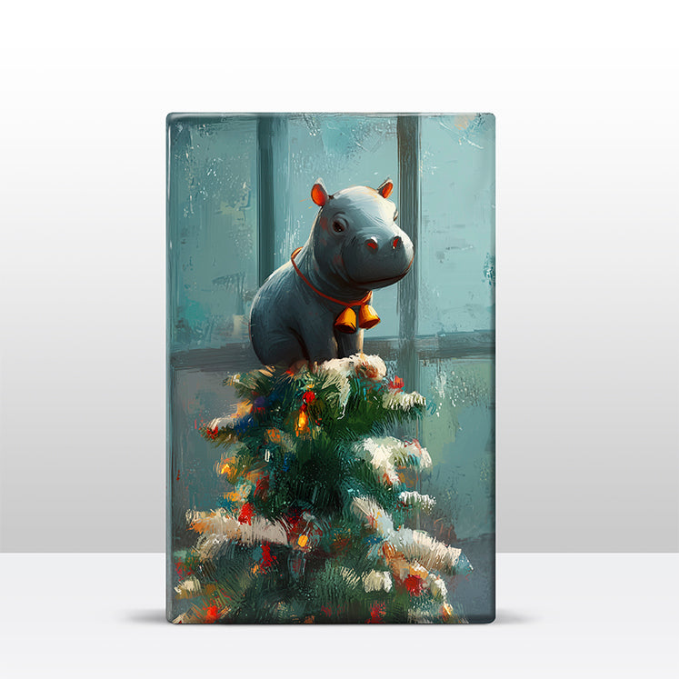 Artchoices exclusive: 157. Kerstboom met baby nijlpaard in de top op houten paneel(tje) klein