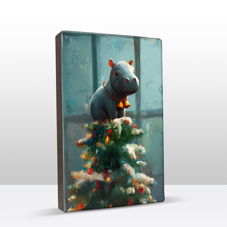 Artchoices exclusive: 157. Kerstboom met baby nijlpaard in de top op houten paneel(tje) klein