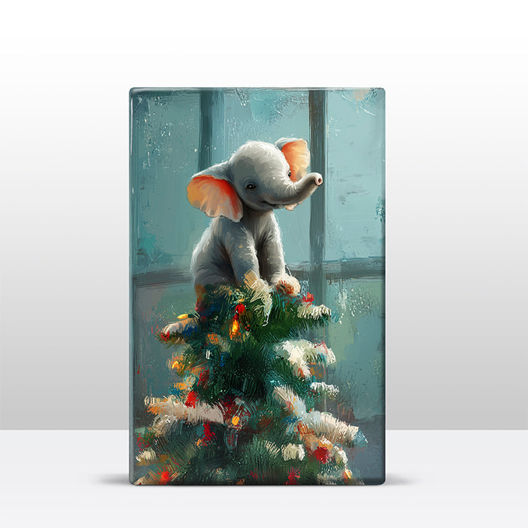 Artchoices exclusive: 158. Kerstboom met baby olifantje in de top op houten paneel(tje) klein