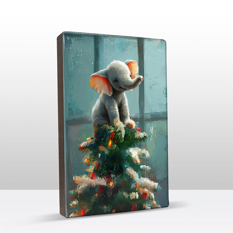 Artchoices exclusive: 158. Kerstboom met baby olifantje in de top op houten paneel(tje) klein