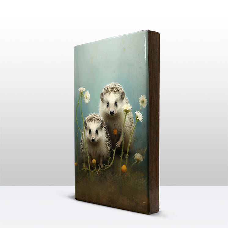 Artchoices exclusive: 203. Twee egeltjes met bloemen op houten paneel(tje) groot