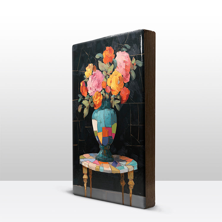 Artchoices exclusive: 230. Stilleven kleurrijke bloemen op een houten paneel(tje) groot