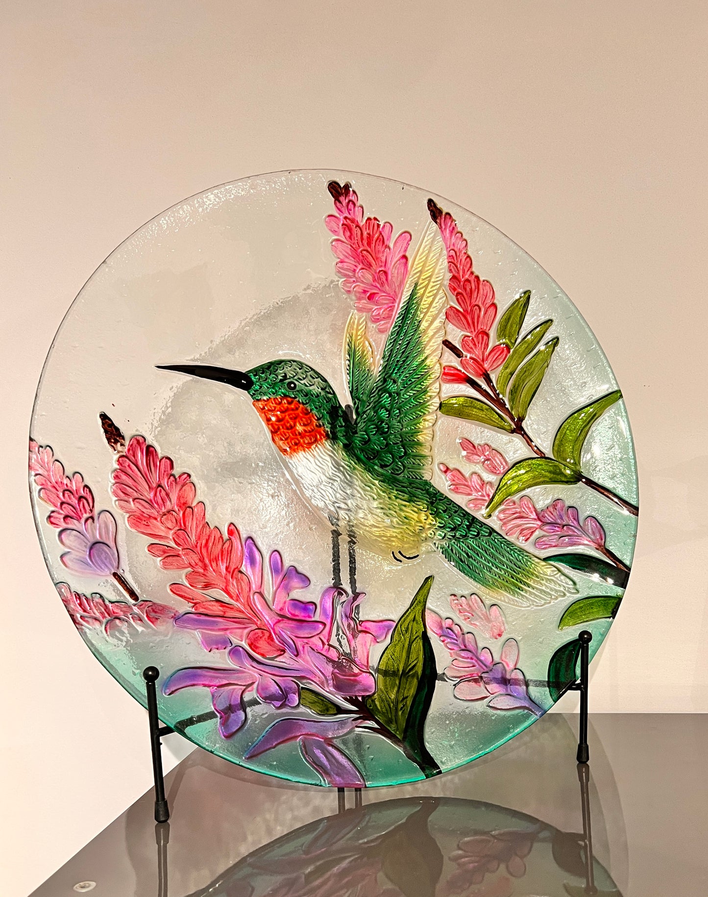 Glaskunst schaal – kolibrie & bloemen