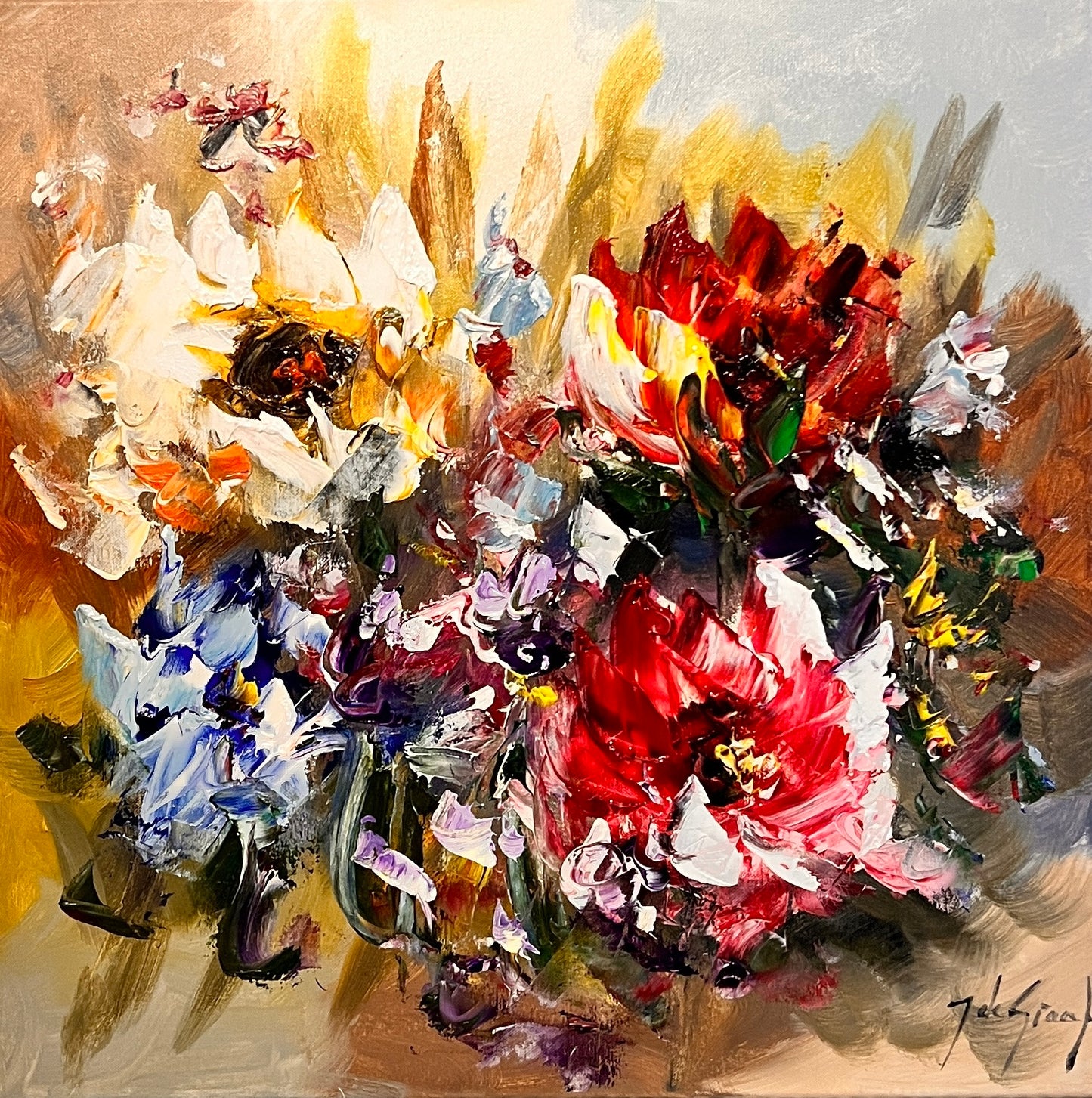 Schilderij – expressieve bloemen in warme tinten