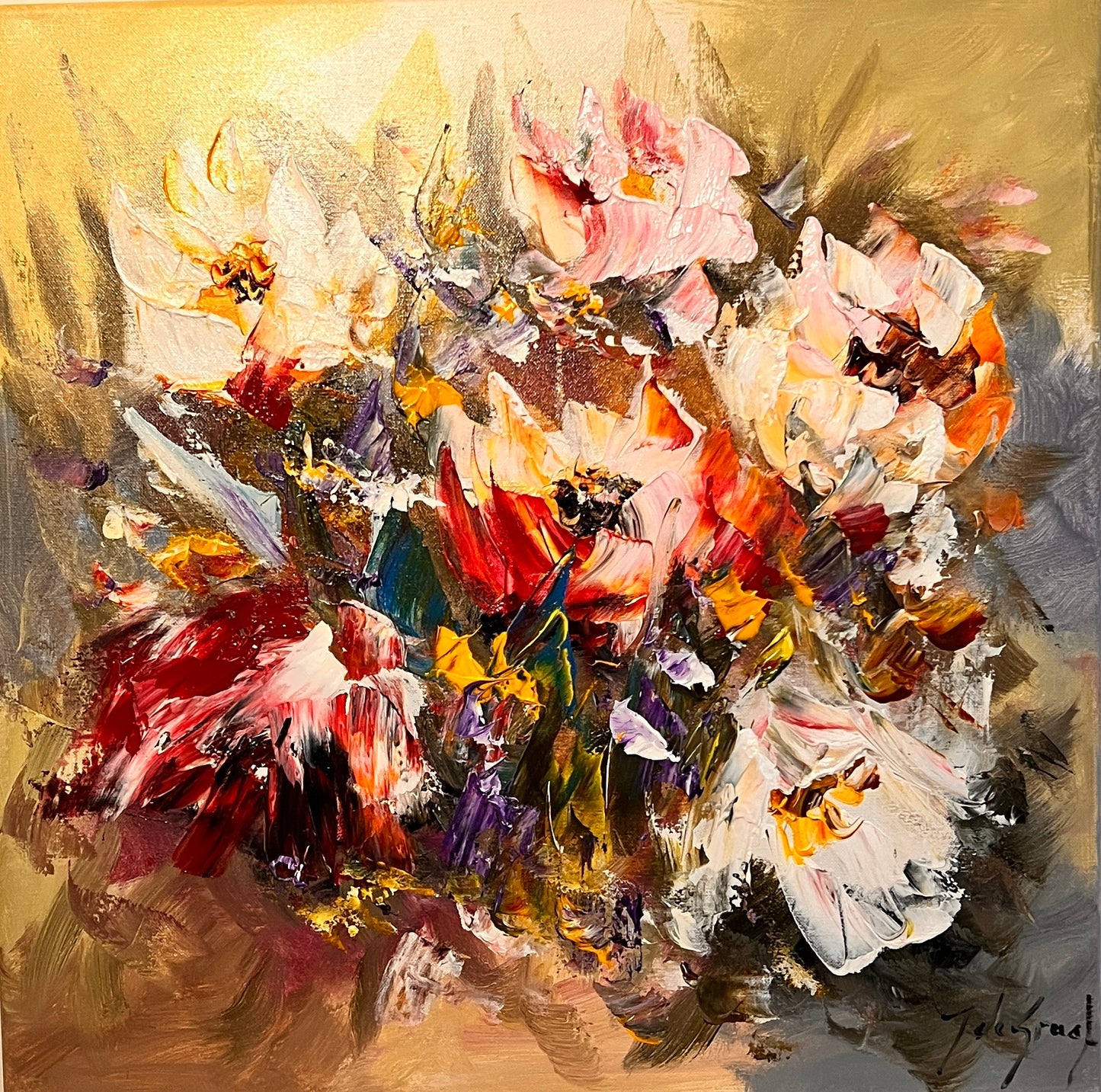 Schilderij – expressief bloemstuk in warme tinten