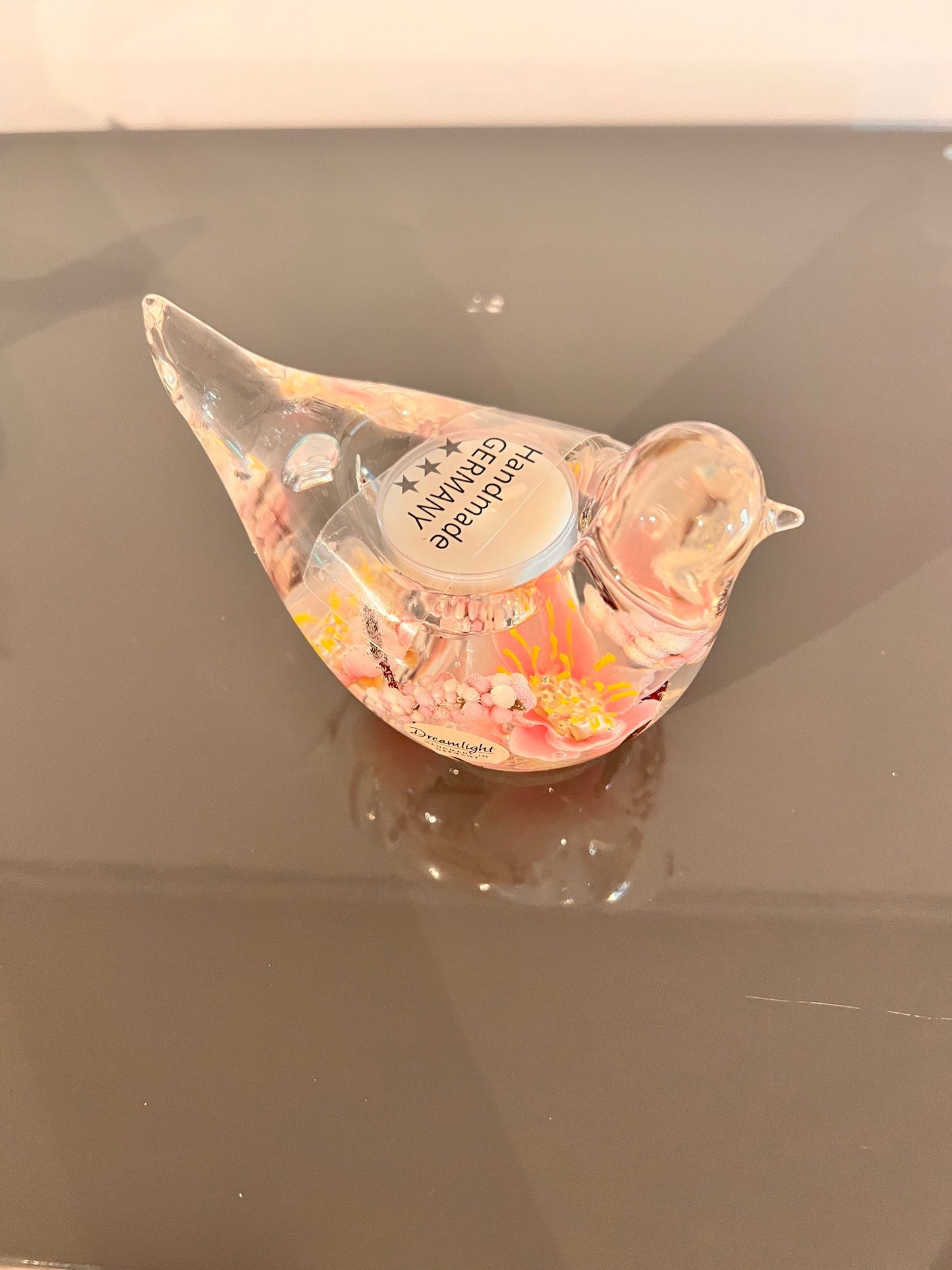 Glazen vogeltje met bloesem – waxinelichthouder