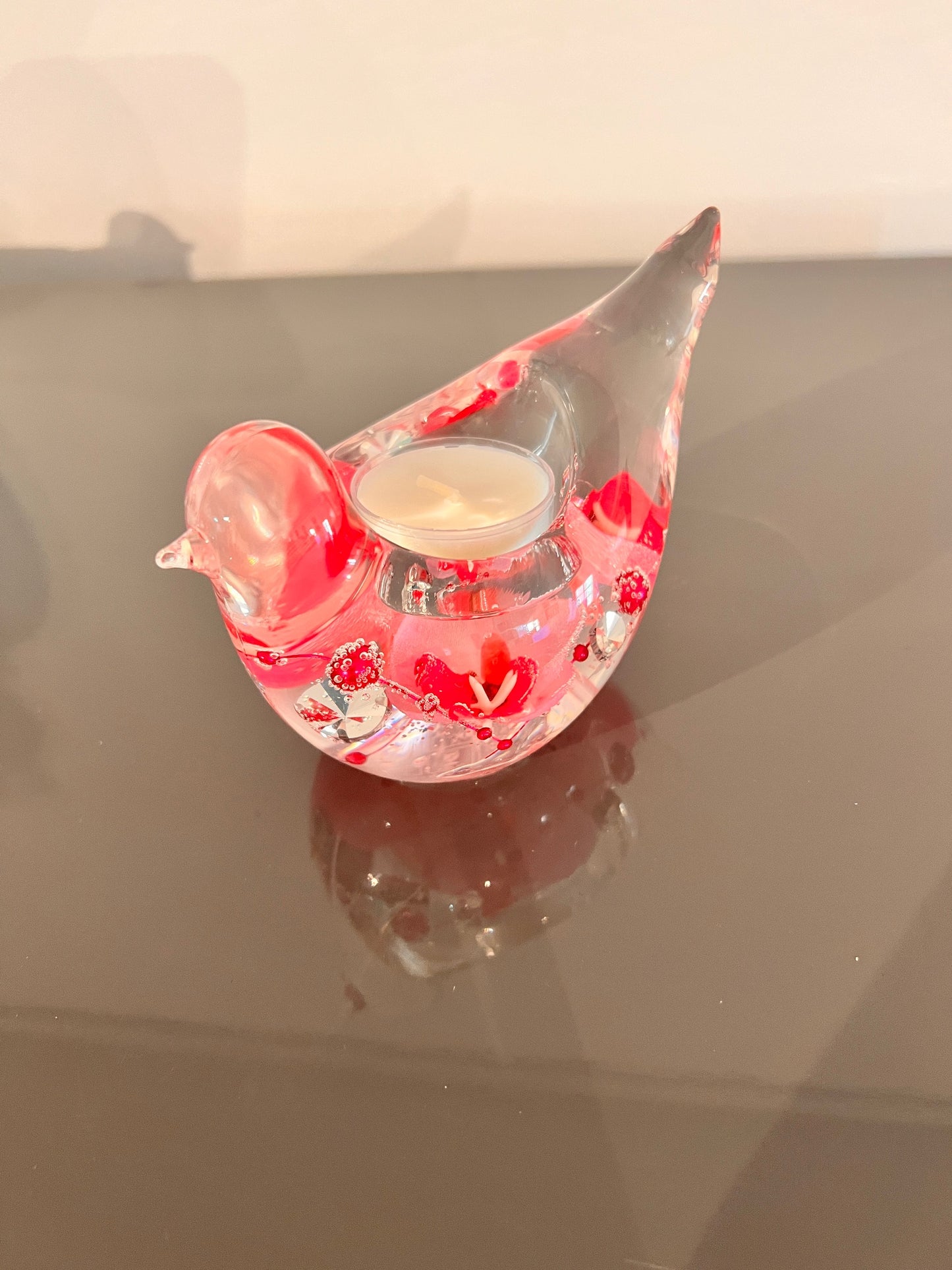 Glazen vogeltje met roze details – waxinelichthouder