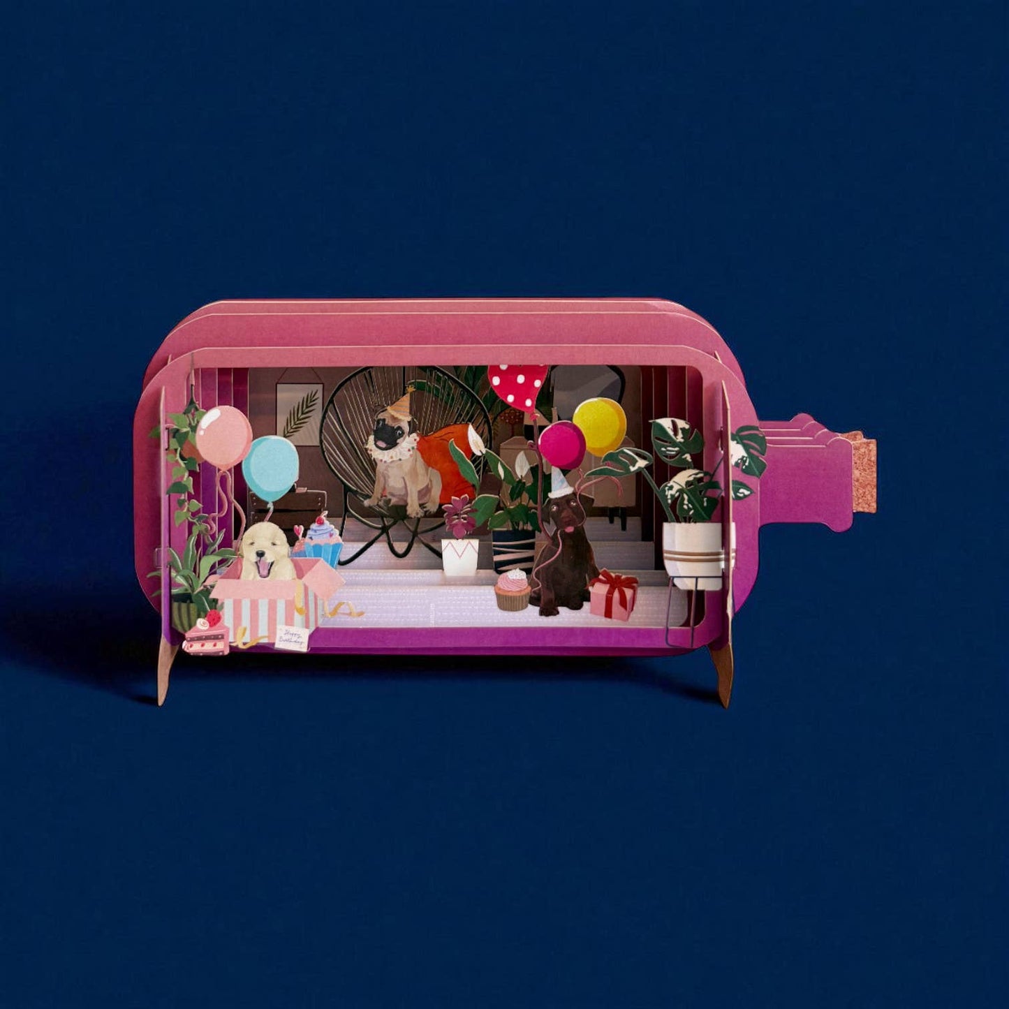 Bericht in een fles pop-up kaarten - Honden en ballonnen