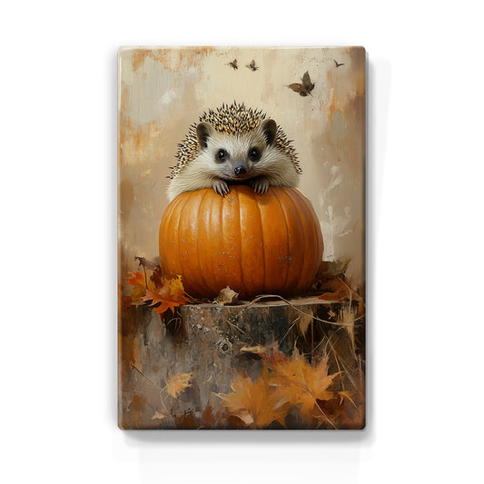 Artchoices exclusive: 107. Cute egeltje op pompoen op houten paneel(tje) klein