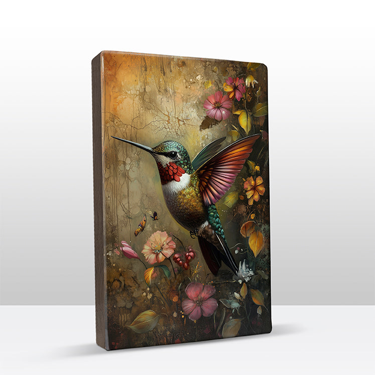 Artchoices exclusive: 114. Kolibrie met bloemen 2 op houten paneel(tje) klein