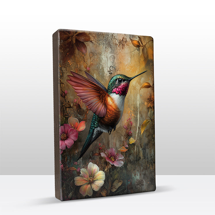 Artchoices exclusive: 115. Kolibrie met bloemen op houten paneel(tje) groot