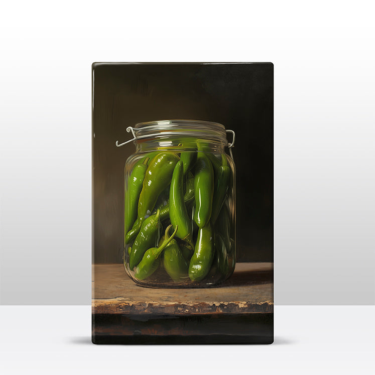 121. Groene pepers in een glazen pot op houten paneel(tje) klein