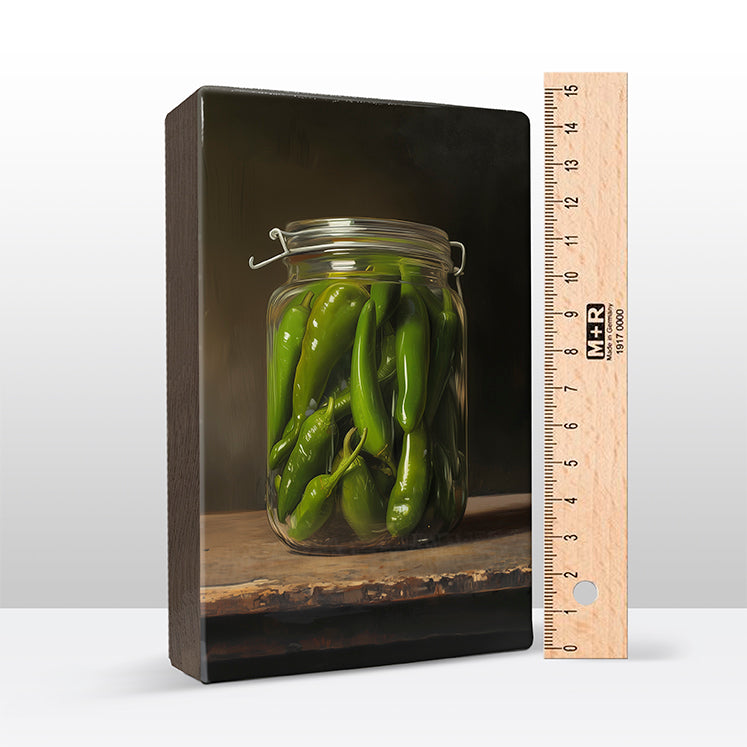 121. Groene pepers in een glazen pot op houten paneel(tje) klein