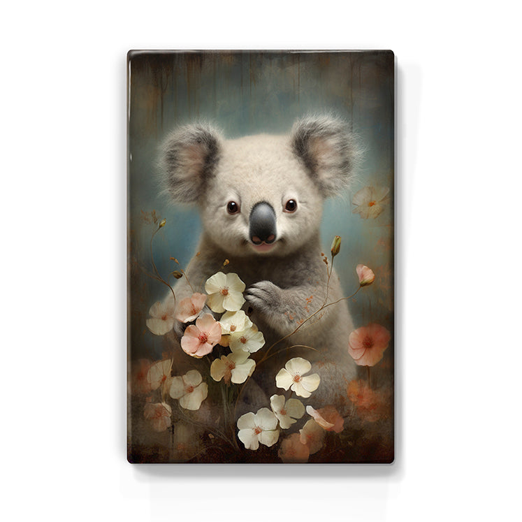 Artchoices exclusive: 141. Schattige koala met bloemen op houten paneel(tje) groot