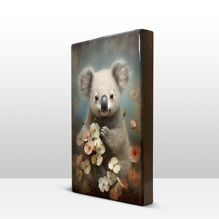Artchoices exclusive: 141. Schattige koala met bloemen op houten paneel(tje) groot