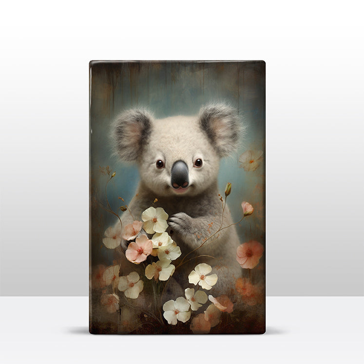 Artchoices exclusive: 141. Schattige koala met bloemen op houten paneel(tje) groot