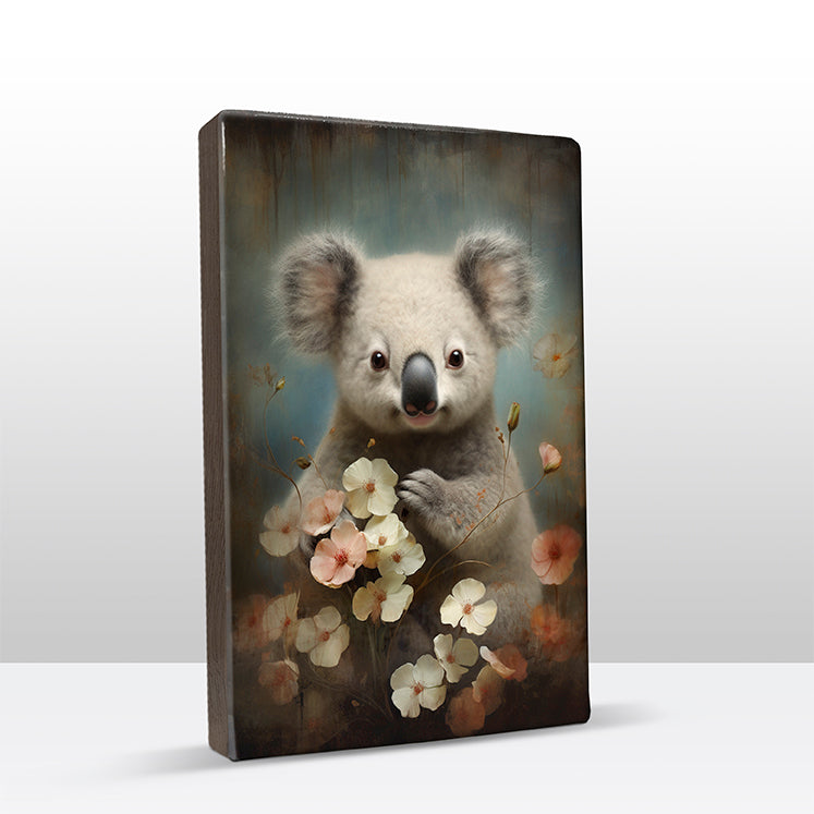 Artchoices exclusive: 141. Schattige koala met bloemen op houten paneel(tje) groot