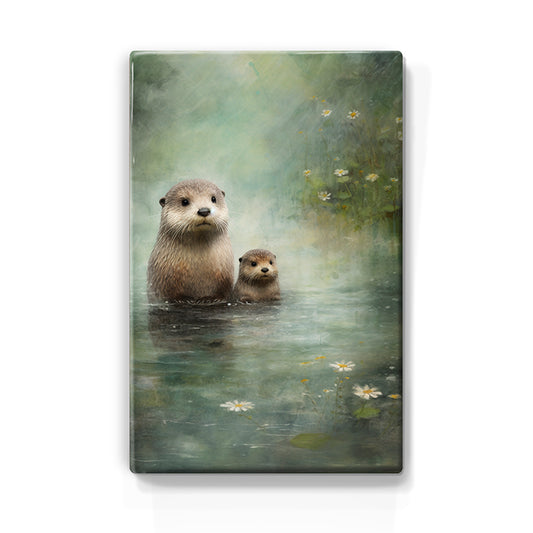 Artchoices exclusive: 143. Otter met baby in het water op houten paneel(tje)