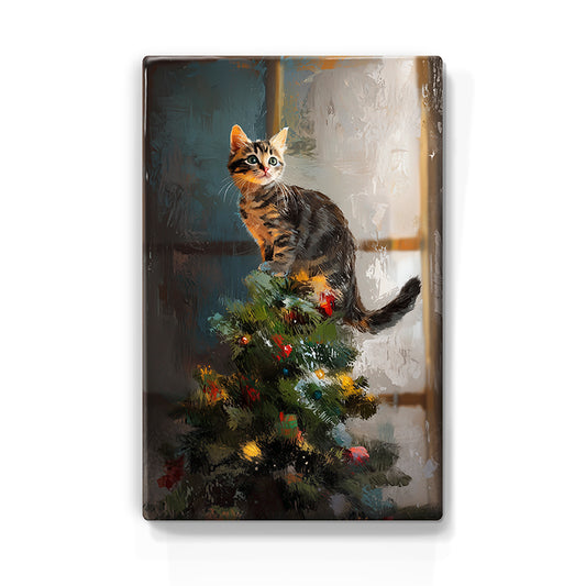 Artchoices exclusive: 151. Kerstboom met kat in de top op houten paneel(tje) klein