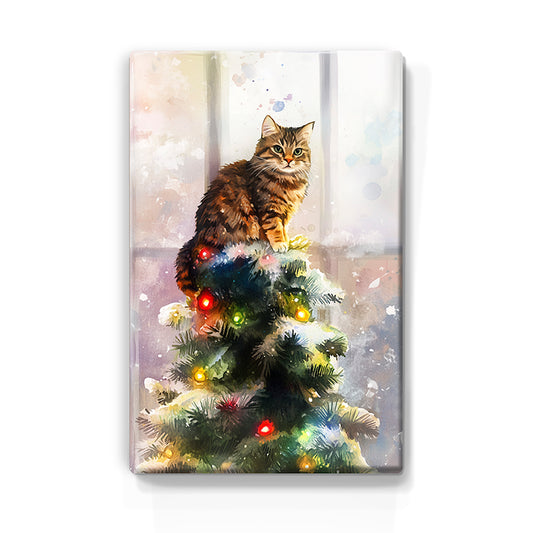 Artchoices exclusive: 152. Kerstboom met kat in de top 2 op houten paneel(tje) klein