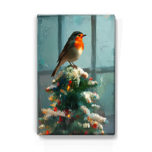 Artchoices exclusive: 155. Kerstboom met roodborstje in de top op houten paneel(tje) klein