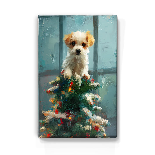 Artchoices exclusive: 156. Kerstboom met hondje in de top op houten paneel(tje) klein