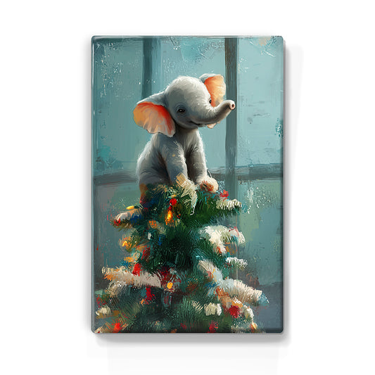 Artchoices exclusive: 158. Kerstboom met baby olifantje in de top op houten paneel(tje) klein
