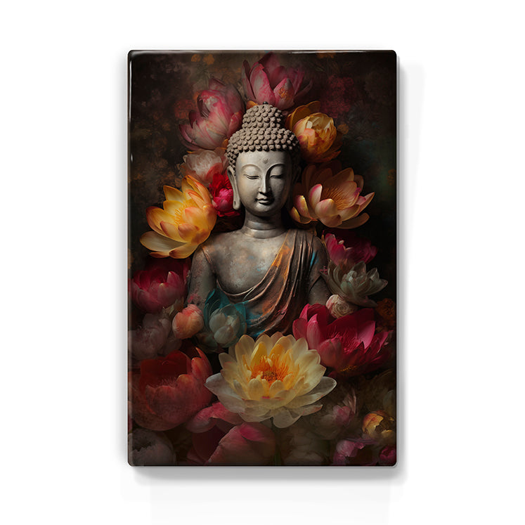 Artchoices exclusive: 171. Buddha met bloemen op houten paneel(tje) groot