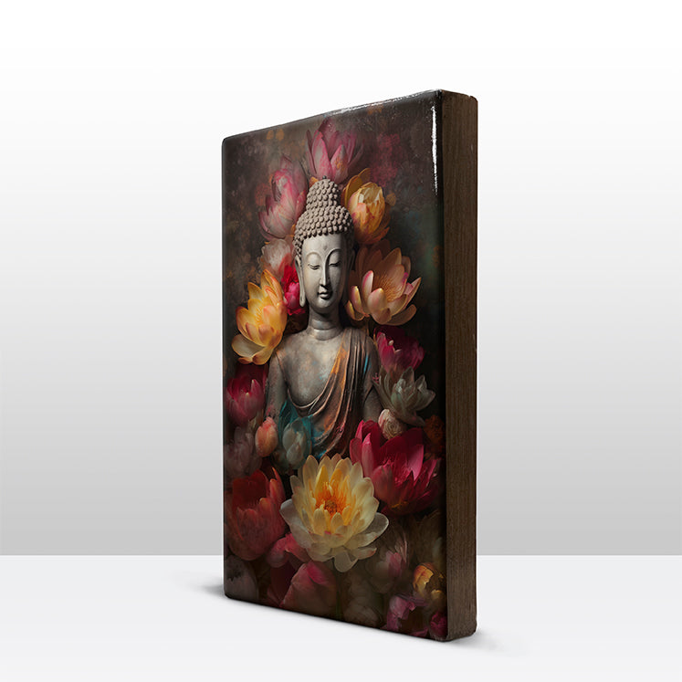Artchoices exclusive: 171. Buddha met bloemen op houten paneel(tje) groot