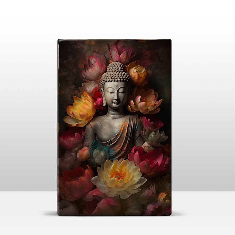 Artchoices exclusive: 171. Buddha met bloemen op houten paneel(tje) groot