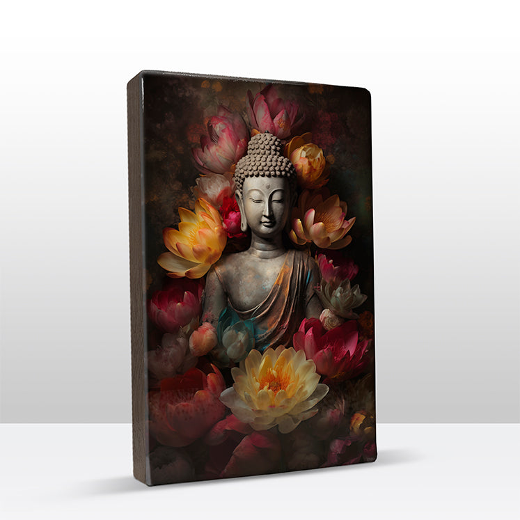 Artchoices exclusive: 171. Buddha met bloemen op houten paneel(tje) groot